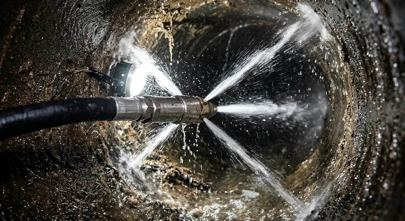 High-pressure hydro jetting nozzle cleaning sewer pipe for Emergency Drain Service in Berea