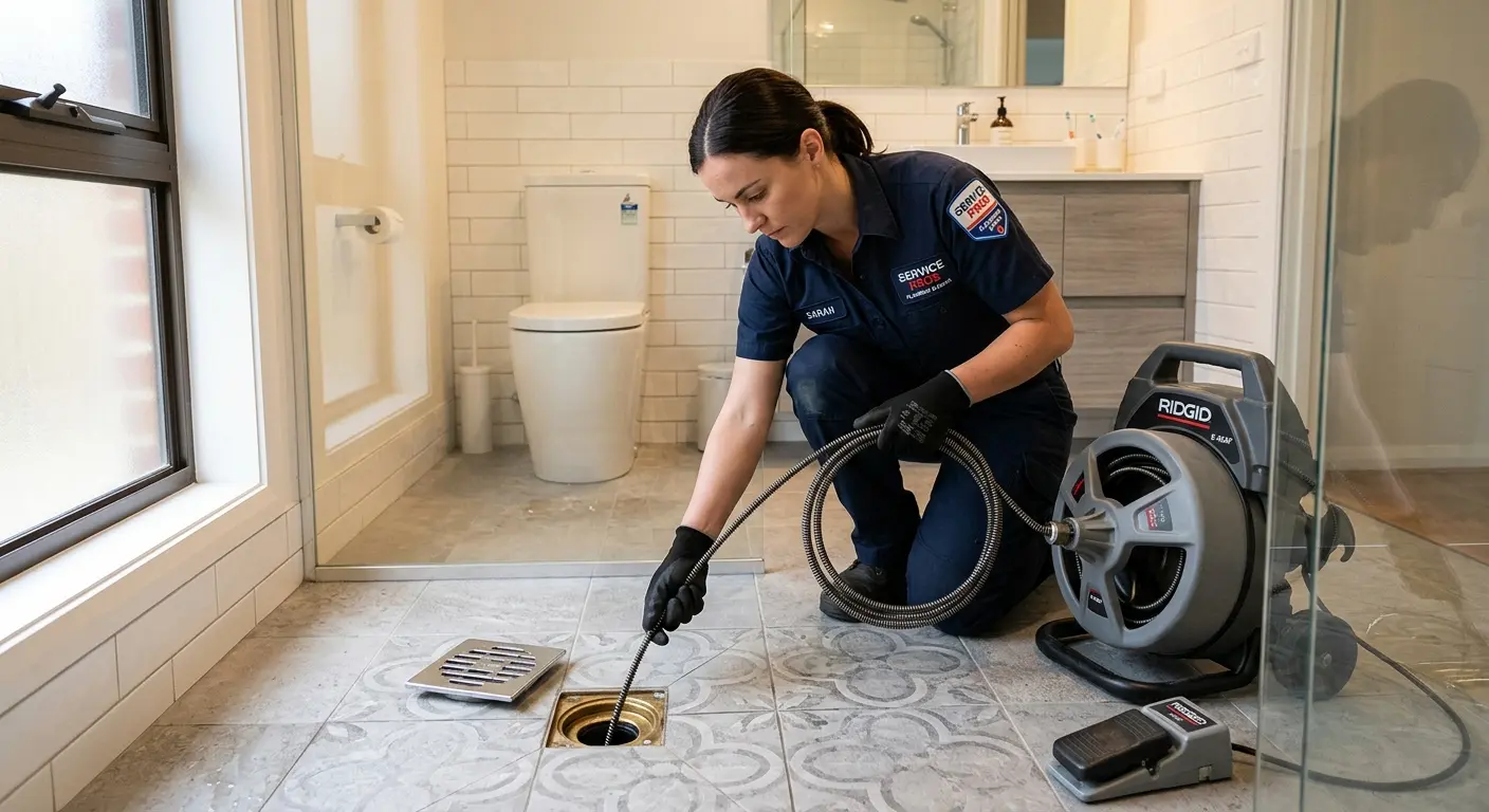 Technician clearing a bathroom floor drain for Drain Repair in Berea